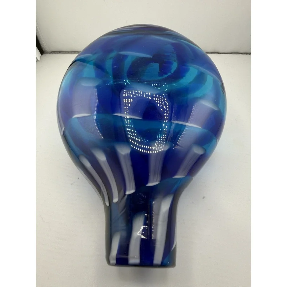 Crate & Barrel Mykonos Glass Bud Vase Hand Blown Vibrant Blue White Pattern 8.5